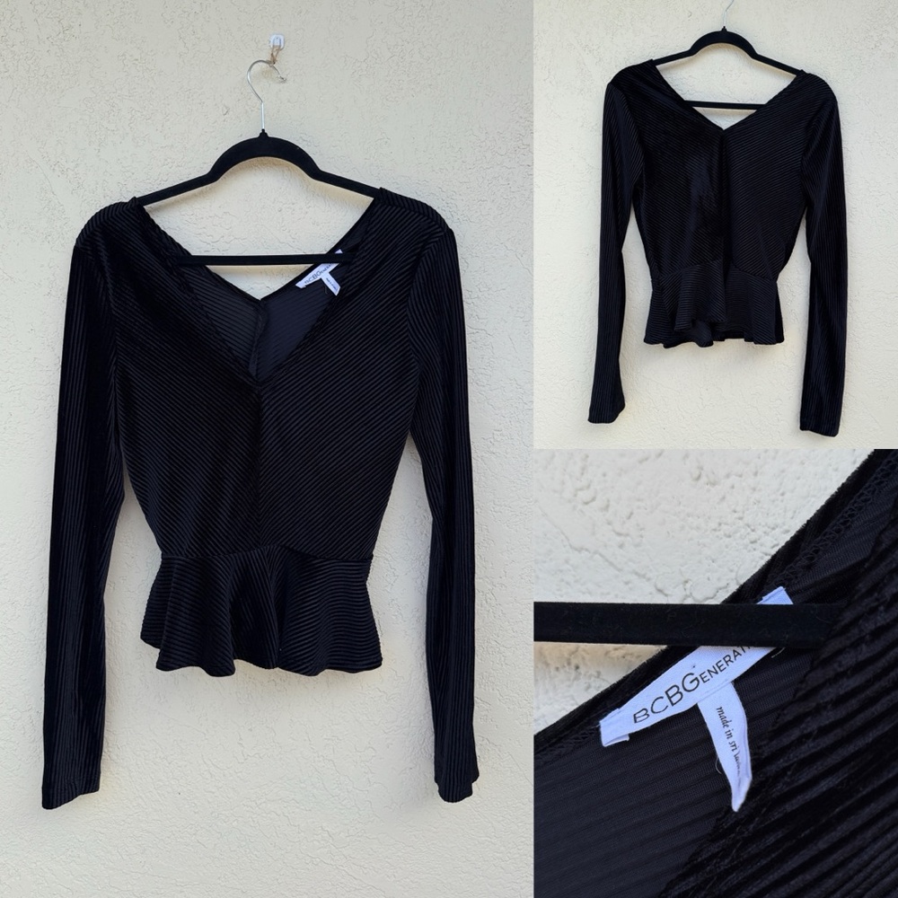 BCBGeneration Black Ribbed Peplum Blouse Medium